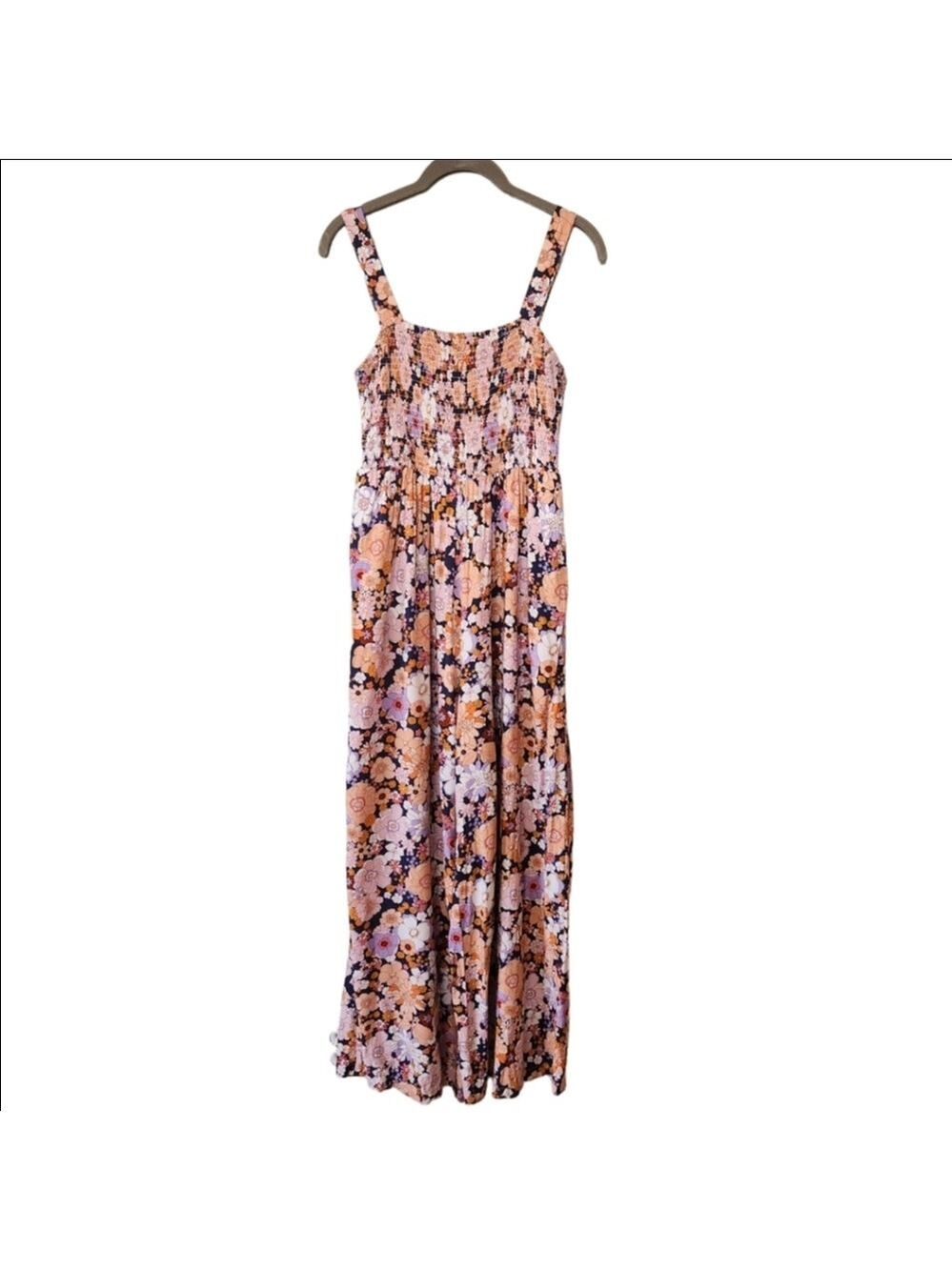 DOKOTOO FLOWER CHILD SMOCKED TOP WIDE LEG FLORAL JUMPSUIT POCKETS SIZE SM/MED - Picture 2 of 6